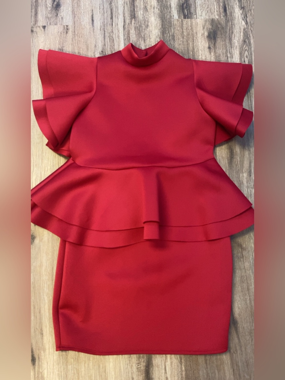 Red Peplum Ruffle Formal Dress with Mock Neck
